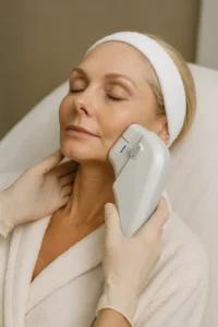 Woman receiving HIFU non surgical facelift treatment Mitcham