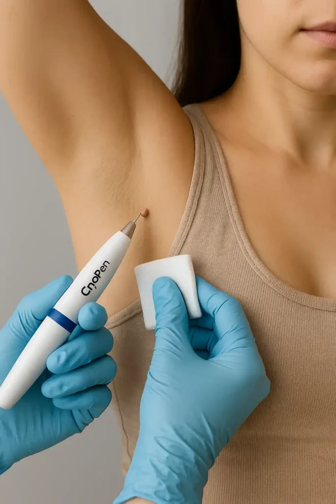 woman having cryopen to remove underarm skin tags Mitcham