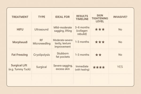 Table showing the comparisons of Skin tightening Mitcham treatment options.